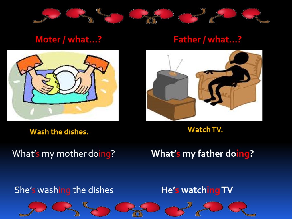 Moter / what…? Father / what…? Wash the dishes. Watch TV. What’s my mother